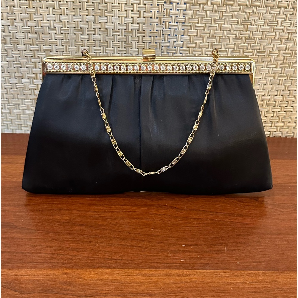 🌟3xHP🌟VTG 1960s Black Satin & Rhinestone Evening Bag